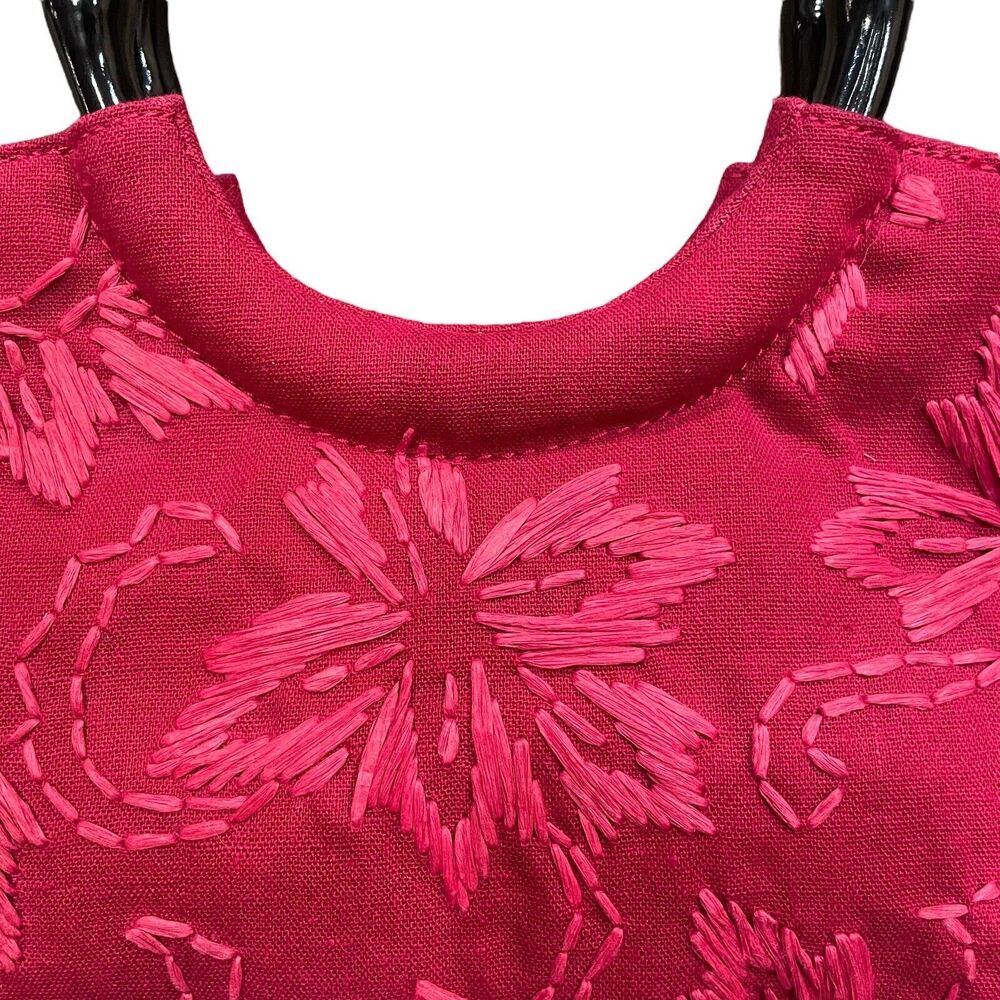 Forever by Fossil Red Floral Embroidered Purse Handbag Bamboo Handle Boho Chic - Picture 2 of 8